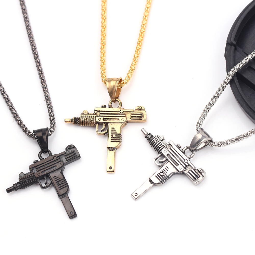 Hip Hop Chain Necklace - จี้สร้อยคอรูปปืนอูซี่สไตล์พังก์ - เครื่องประดับฮิปฮอปแฟชั่นสำหรับผู้ชาย สร้างลุคเท่ห์และมีสไตล์