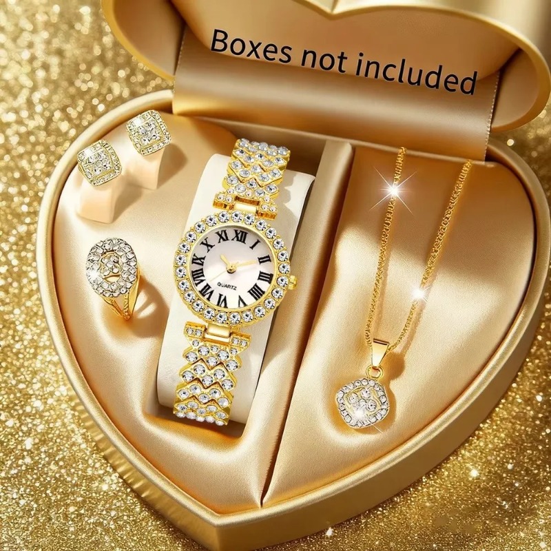 Jewelry Clasp Watches - 5 ชิ้น ชุดเครื่องประดับนาฬิกาข้อมือผู้หญิงหรูหราประดับเพชรพลอย นาฬิกาควอตซ์แบบโรมัน พร้อมสร้อยคอ ต่างหู
