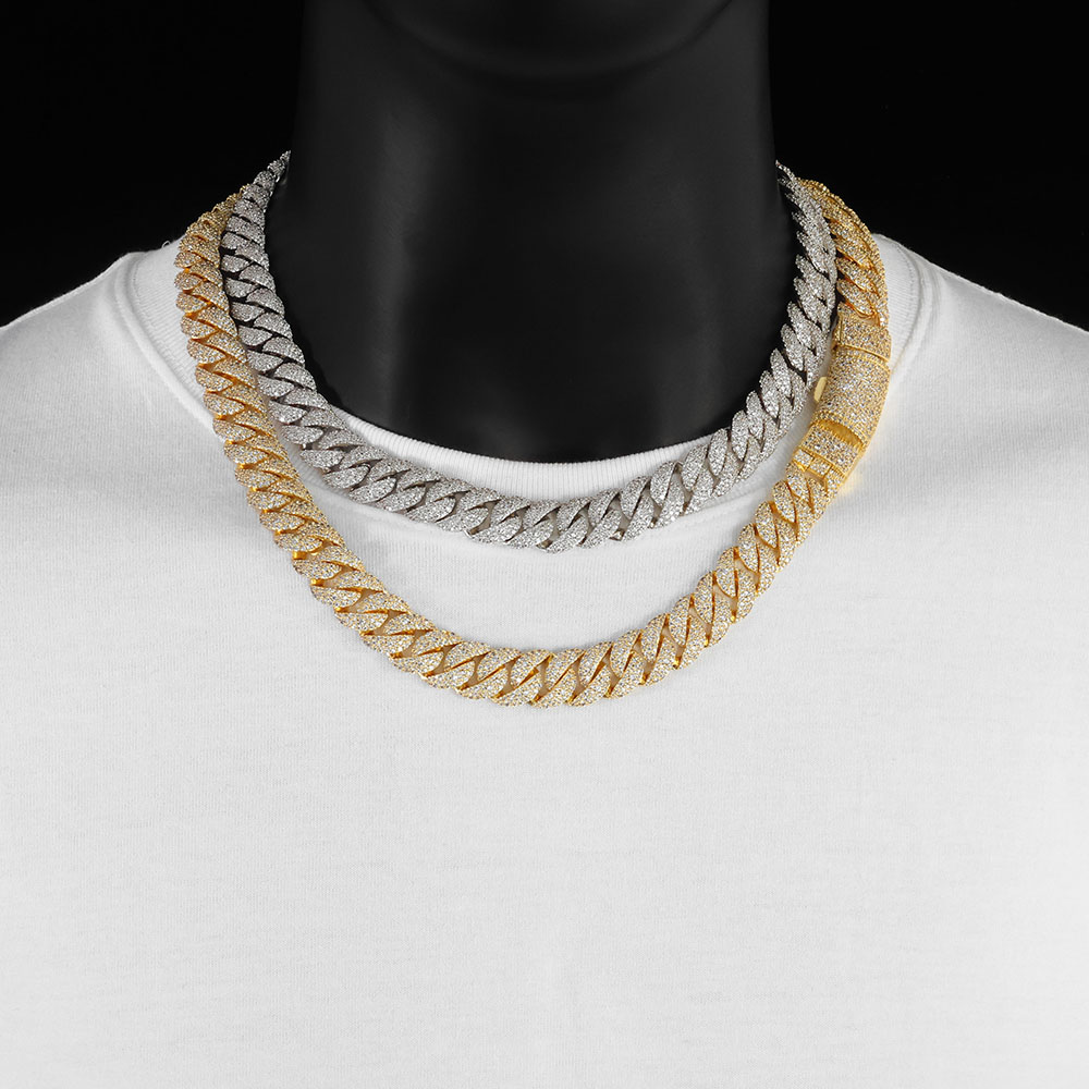 Hip Hop Chain Necklace - สร้อยคิวบาลิงค์ประดับเพชร 3 แถว ขนาด 14 มม.