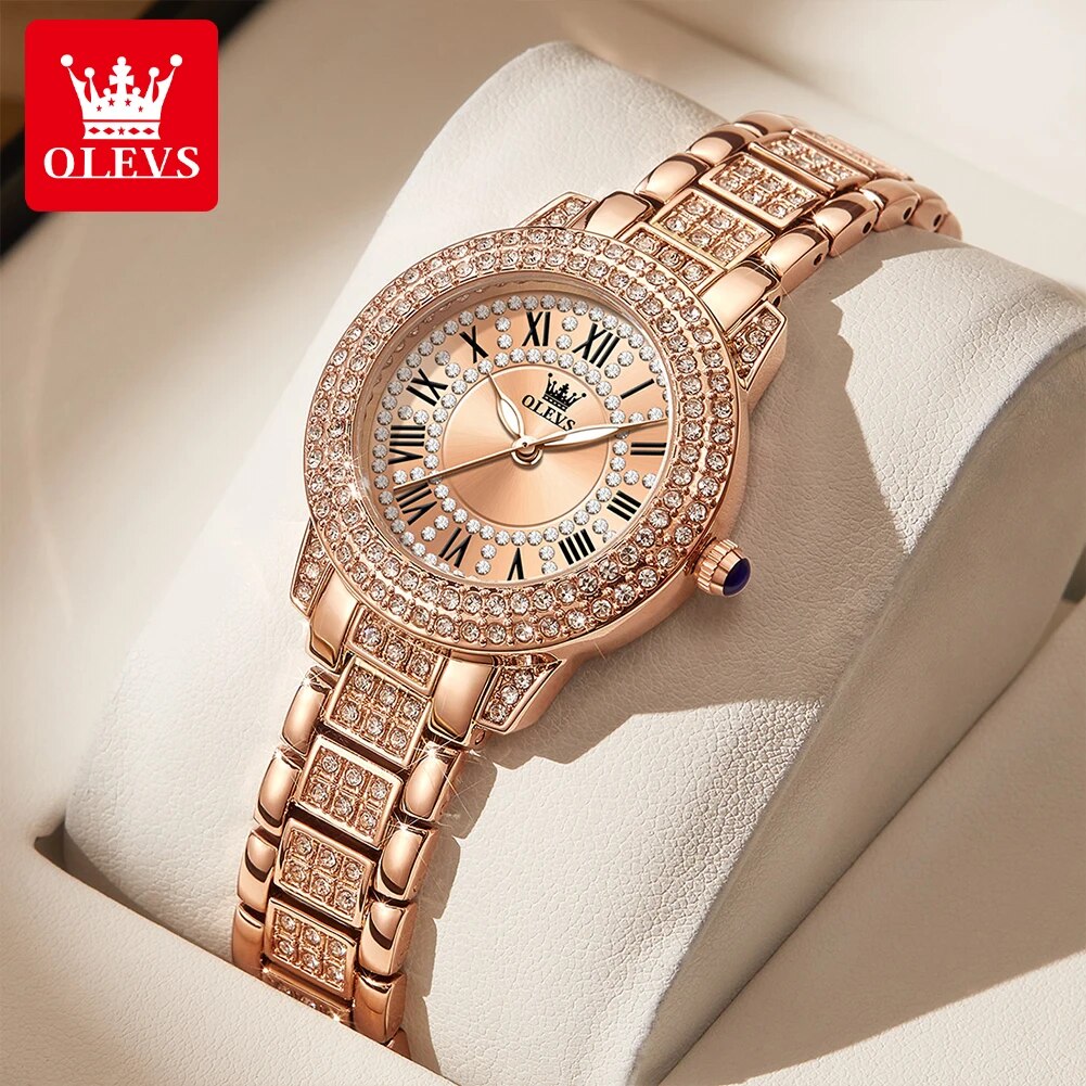 Jewelry Diamond Watches - OLEVS 9943นาฬิกาควอทซ์เพชรออริจินอลสำหรับผู้หญิงหรูหราสแตนเลสทองกุหลาบกันน้ำนาฬิกาข้อมือสุภาพสตรี