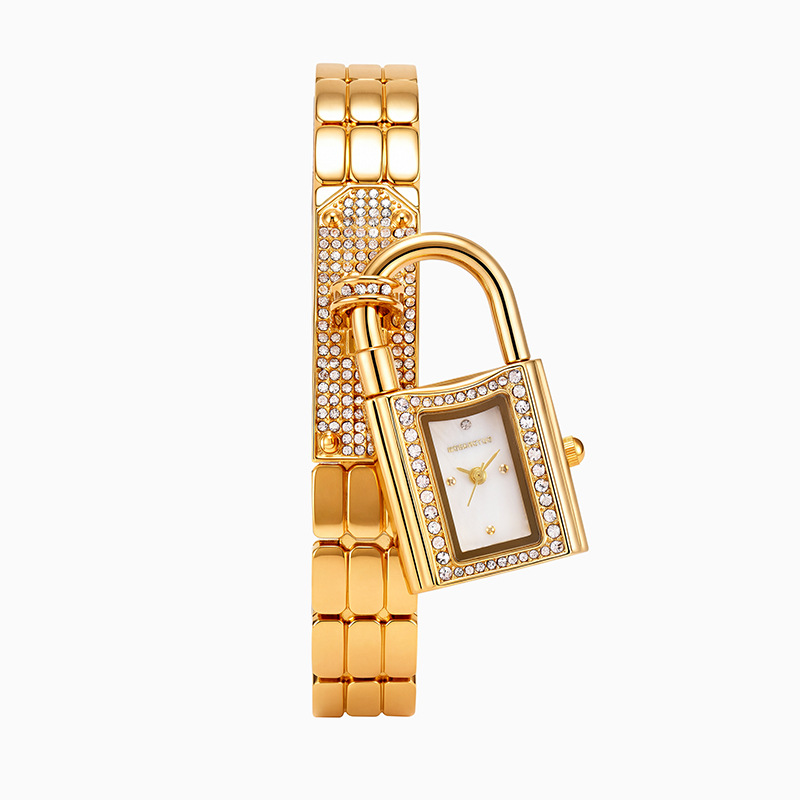 Jewelry Diamond Watches - สายรัดข้อมือรูปทรงเว้าพร้อมจี้เพชรรูปทรงล็อค นาฬิกาข้อมือควอตซ์สำหรับผู้หญิง