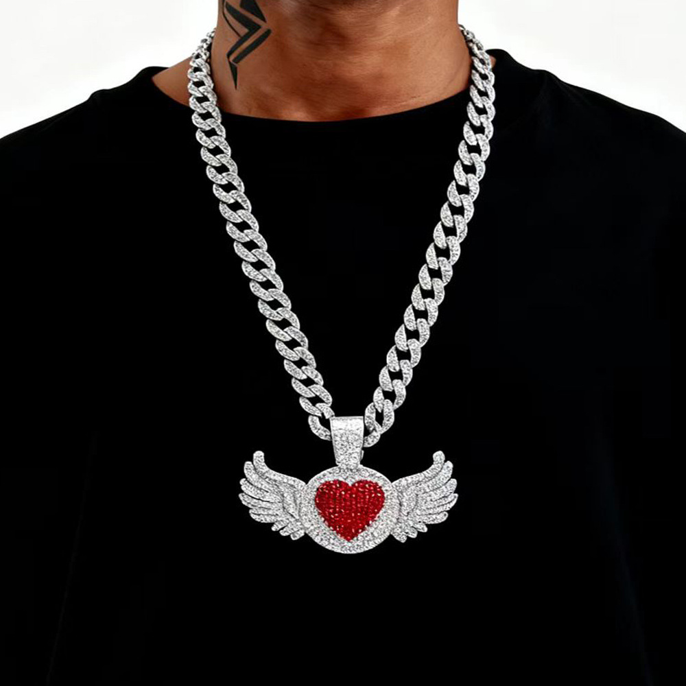 Hip Hop Chain Necklace - สร้อยคอฮิปฮอป DIY พร้อมจี้รูปหัวใจสีชมพู สไตล์เซ็กซี่ สร้อยคอคล้องไหปลาร้า โลหะผสมประดับเพชรเต็มเส้น