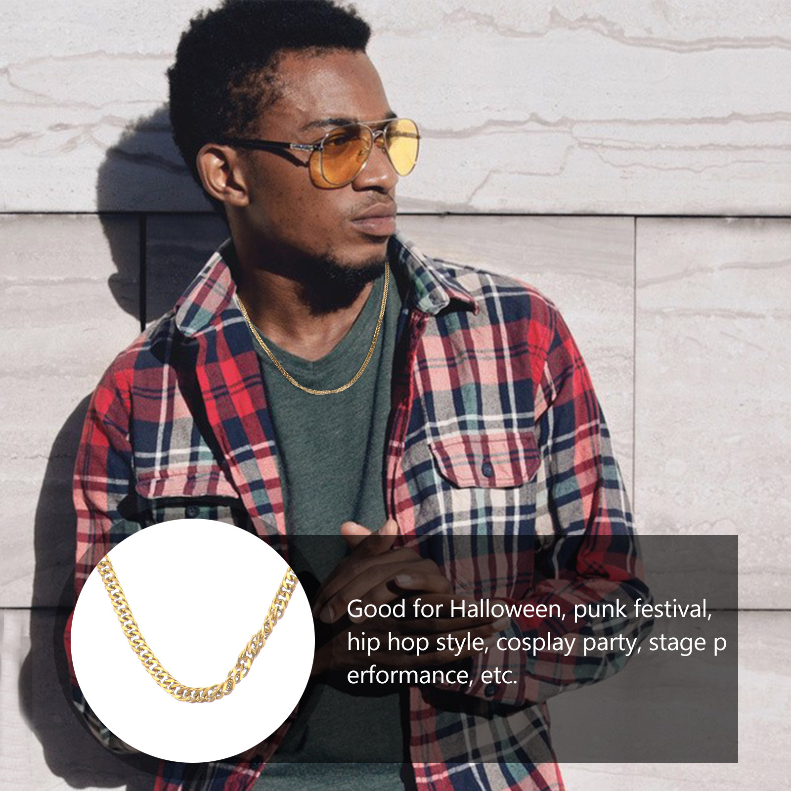Hip Hop Chain Necklace - 1 ชิ้น สร้อยคอโซ่แบบหัวเข็มขัดคู่ ทำจากไทเทเนียมสีทอง สำหรับผู้ชาย ผู้หญิง