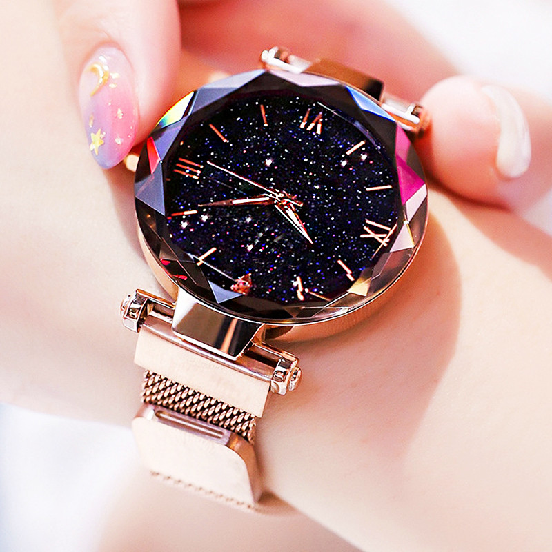 Jewelry Diamond Watches - นาฬิกาแฟชั่นสตรีลายท้องฟ้าเต็มไปด้วยดวงดาวนาฬิกาควอตซ์ประดับเพชรสายที่ยึดแม่เหล็กนาฬิกาเสื้อผ้ากุลสตรี
