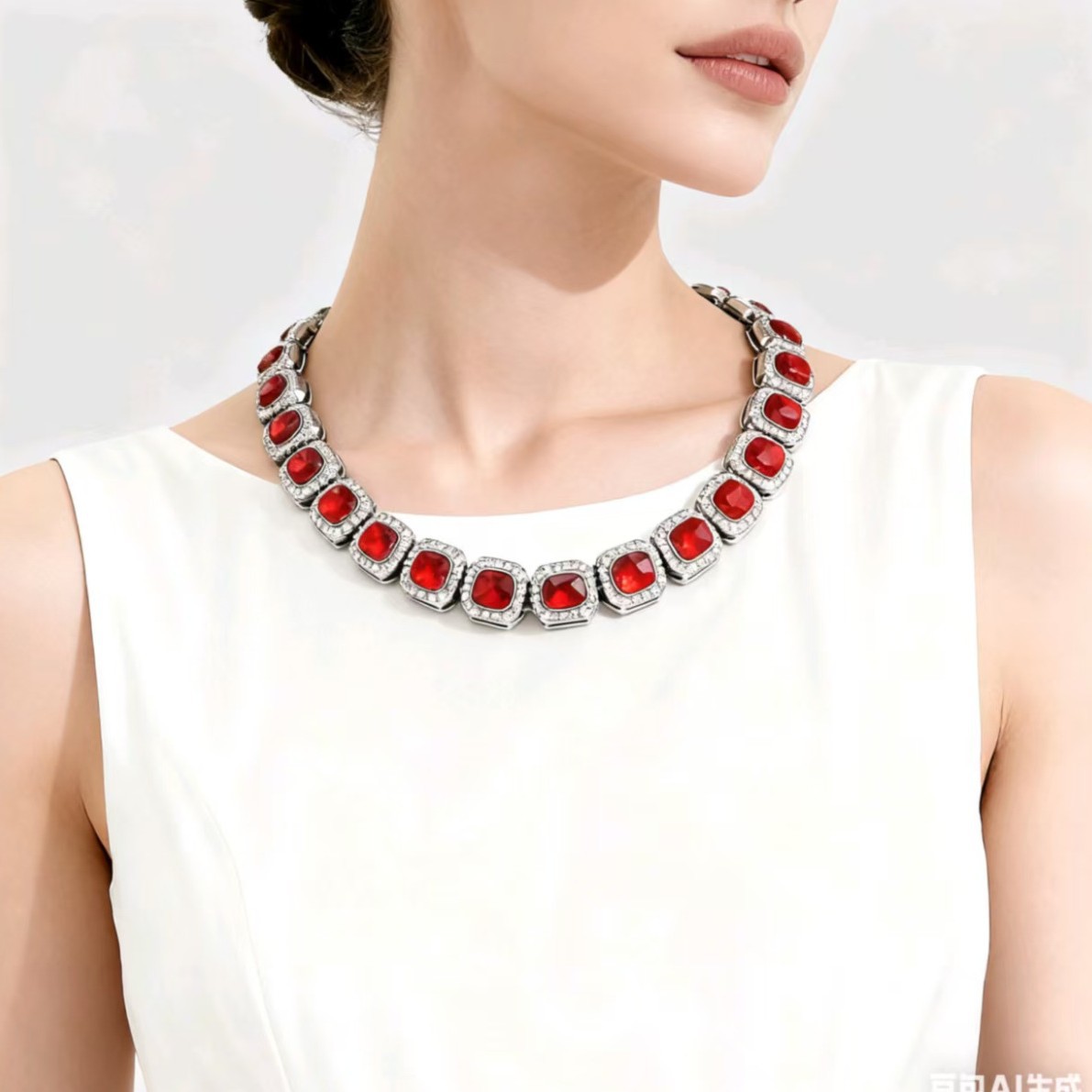 Hip Hop Chain Necklace - อุปกรณ์ DIY สร้อยคอผู้ชายสไตล์ฮิปฮอปยุโรปและอเมริกาแบบใหม่ แก้วสีแดงขนาด 12 มม.