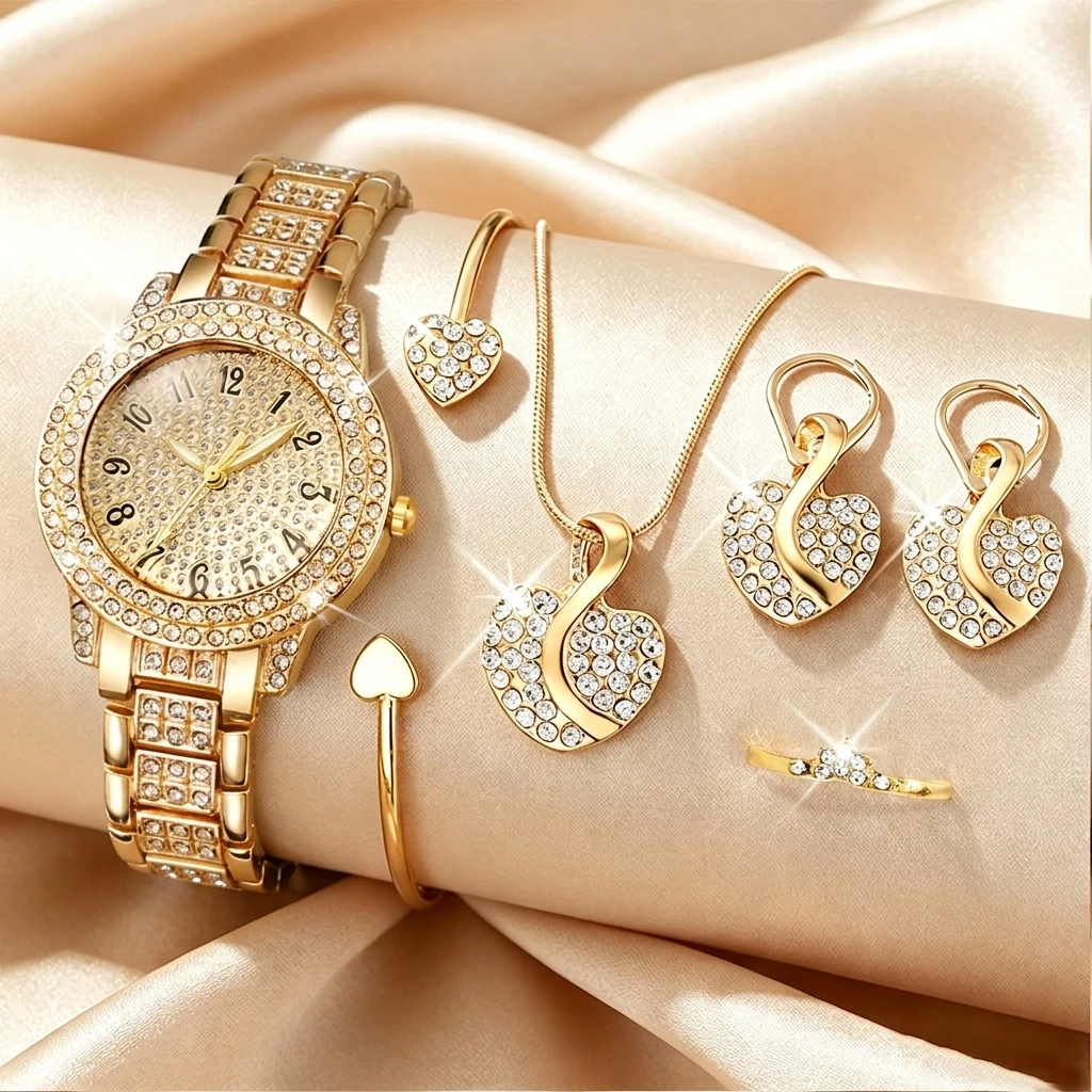 Jewelry Clasp Watches - นาฬิกาข้อมือแฟชั่นผู้หญิงประดับเพชร 6 ชิ้น ชุดเครื่องประดับรูปหัวใจ สายรัดข้อมือหรูหรา นาฬิกาควอตซ์สำหรับสุภาพสตรี