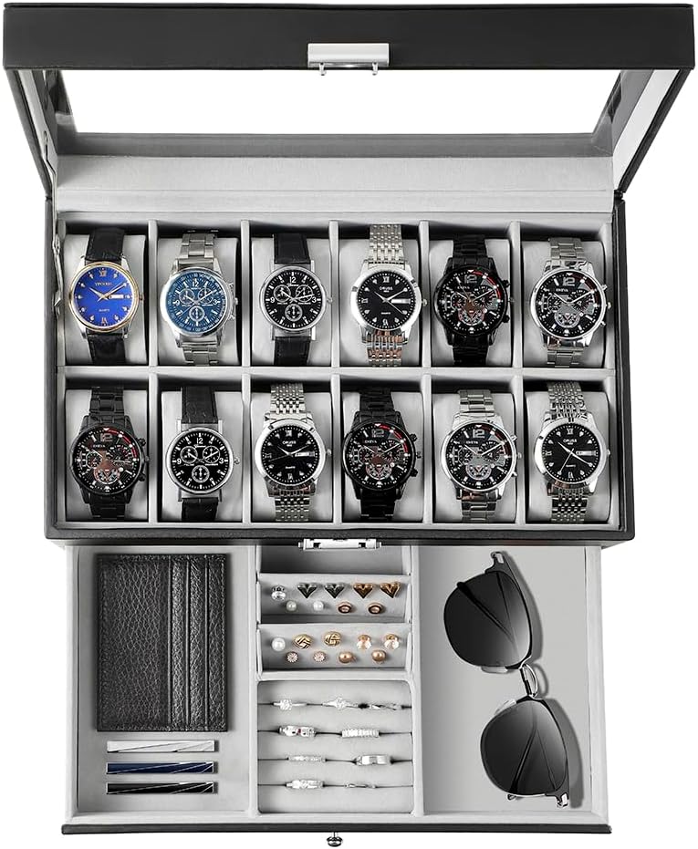 Jewelry Organizer Watches - กล่องเก็บนาฬิกาสำหรับผู้ชาย ของขวัญสุดพิเศษ กล่องใส่นาฬิกา 12 ช่อง ฝาปิดกระจก