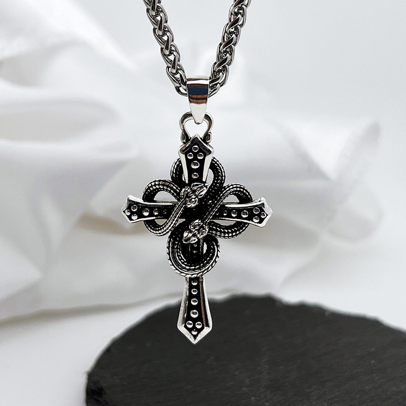 Hip Hop Chain Necklace - สร้อยคอจี้รูปกางเขนลายงูพันสองสีสไตล์วินเทจสำหรับผู้ชาย ฮิปฮอป เสริมโชคดี มงคล โชคเป็นๆ สไตล์โกธิค