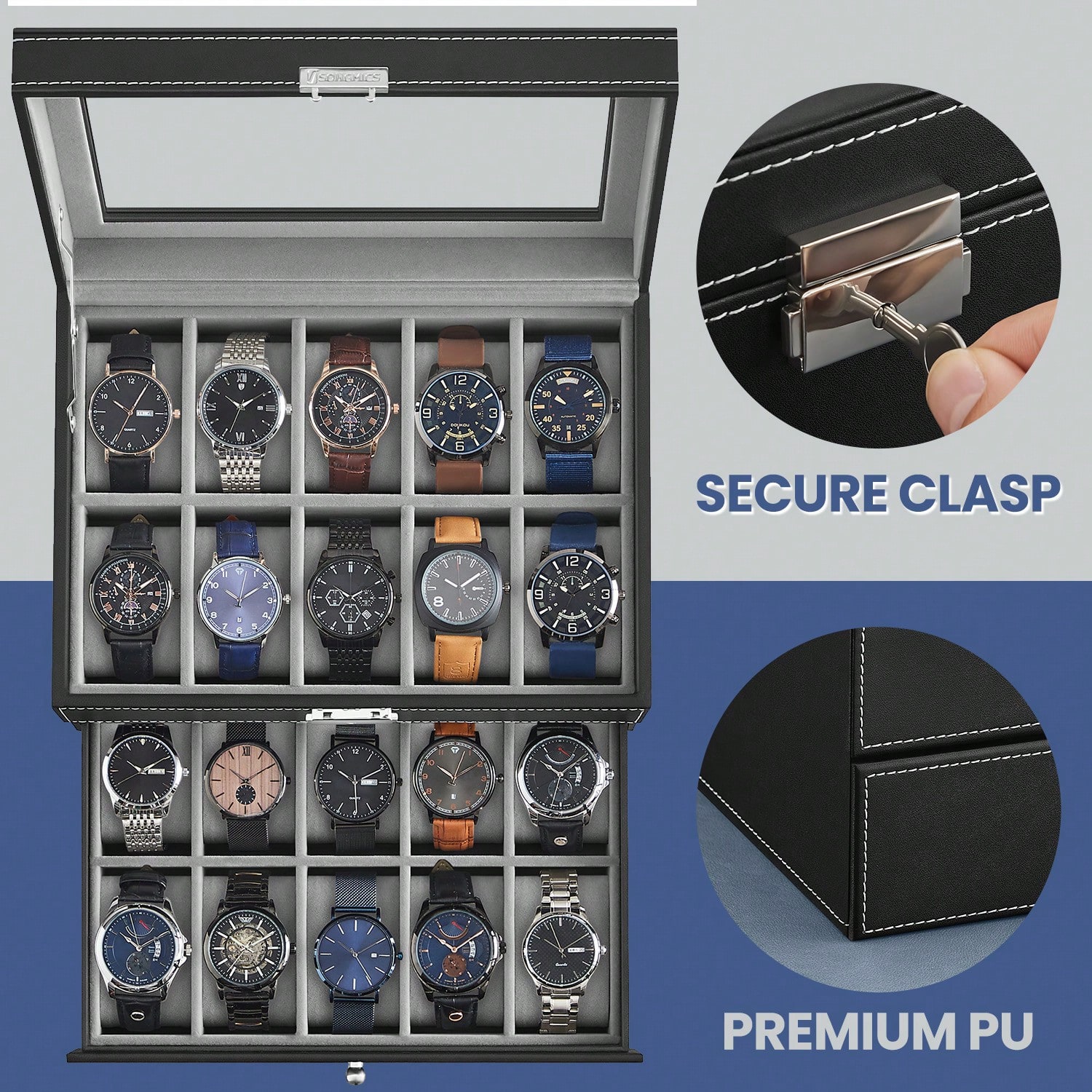 กล่องใส่นาฬิกา 20 ช่อง พร้อมฝา - Jewelry Organizer Watches บทวิจารณ์และราคา