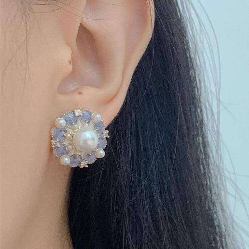 ต่างหูเข็มเงิน925วินเทจสีม่วงน - Pearl Stud Earrings บทวิจารณ์และราคา
